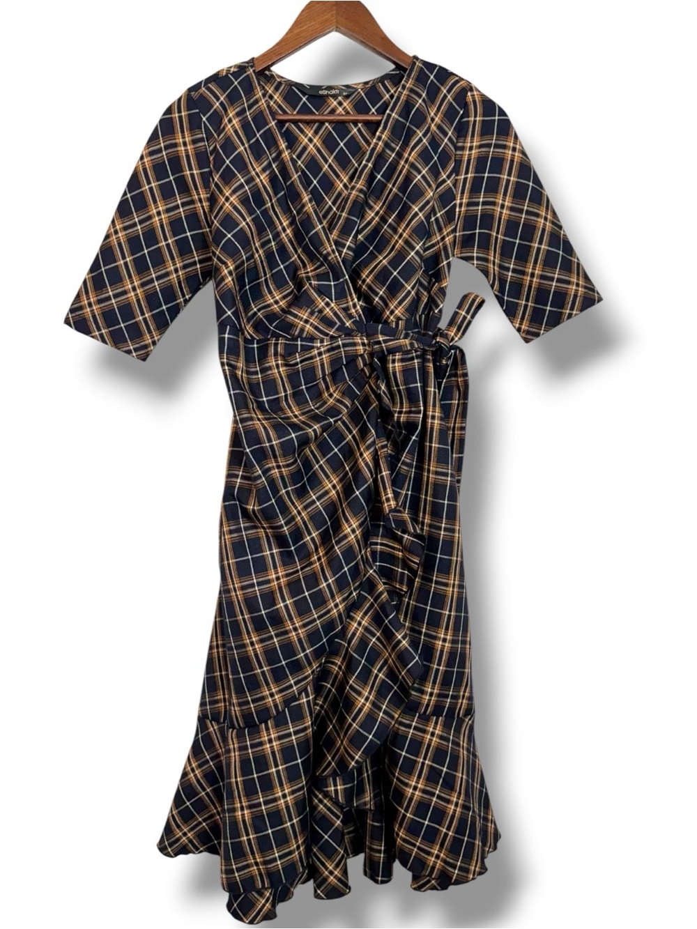 EShakti Navy & Gold Plaid Pleated Wrap Dress Asymmetric Ruffle Hem Small